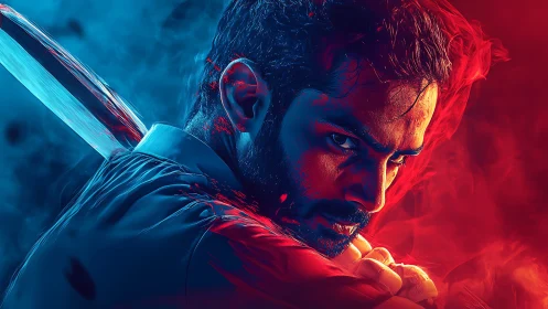 Fierce warrior poised between cool blue and blazing red.