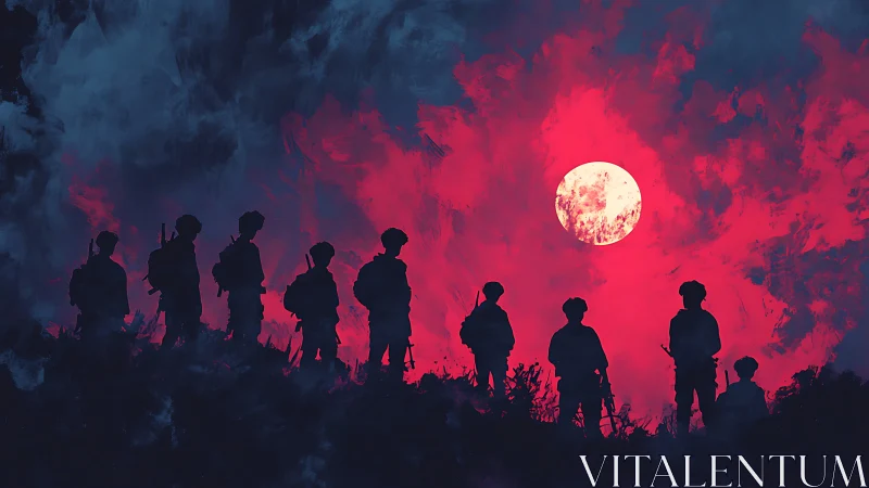 Silhouetted soldiers stand beneath a blood-red war moon.
