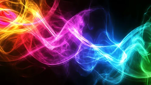 Multicolored light waves on dark abstract digital background.