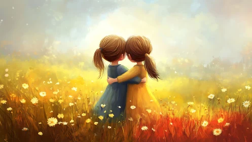 Two Girls Embracing in Sunlit Wildflower Meadow.