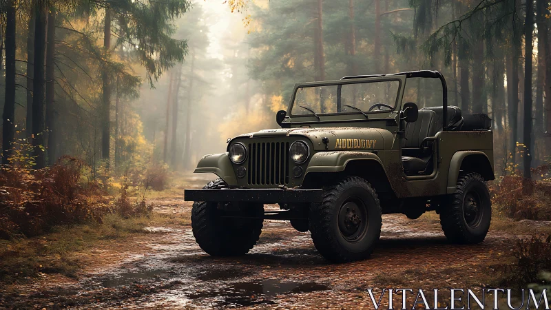 Military-style off-road jeep rendered in misty autumn forest