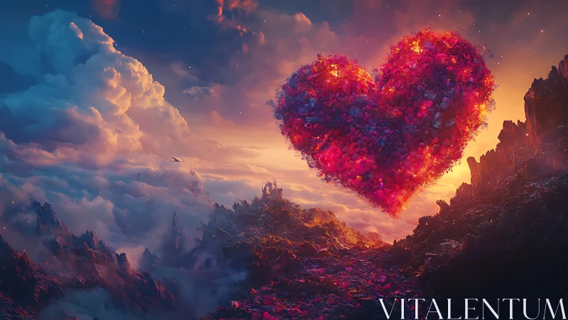 Luminous Heart Floats Above Fantasy Mountain Landscape