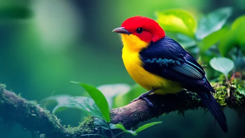 Vibrant red-headed tropical bird on branch in lush green forest.