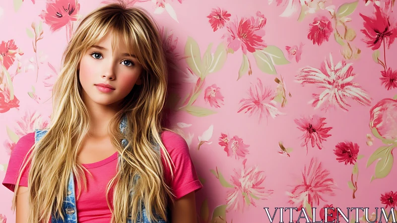 Chromatic portrait against floral-pattern pink backdrop wall.