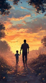 Sunset path of small footsteps and steady grown shadows.