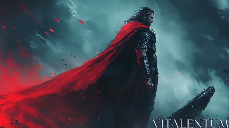 Warrior in red cape stands against stormy teal sky