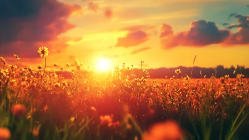 Wildflower field glows under vivid orange sunset sky