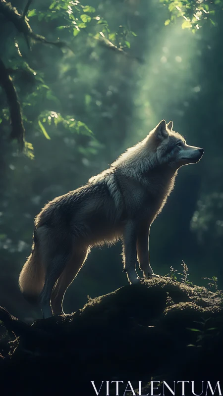 Lone wolf standing on mossy rock in soft forest light.