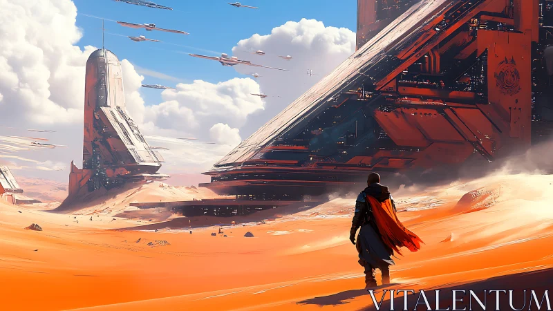 Lone wanderer approaching colossal desert starport.