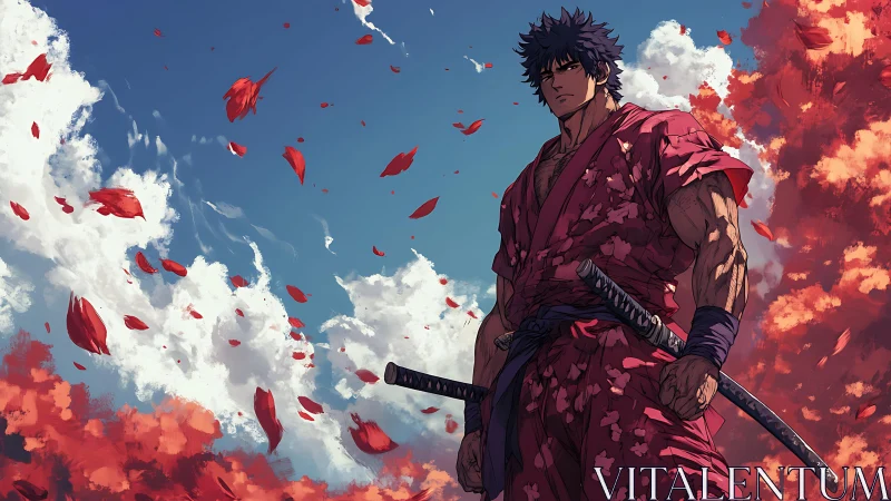 Crimson-clad swordsman amid turbulent autumn sky dynamics.