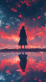 Lone swordsman beneath blazing sky and mirrored horizon.