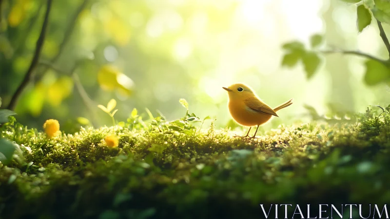 Tiny golden songbird stands on sunlit forest moss bed