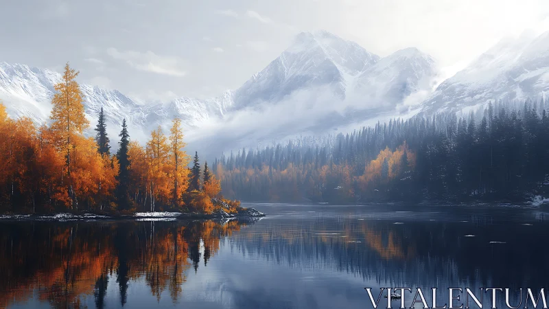 Golden autumn trees embracing a misty mountain lake view.