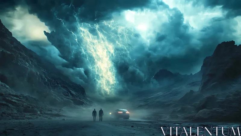 Storm-lit journey through a cosmic canyon under wild skies.