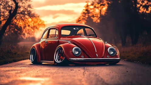 Sunset-slammed red beetle cruises a molten country road.