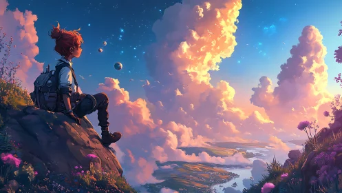 Young sky dreamer resting above glowing sunset clouds.