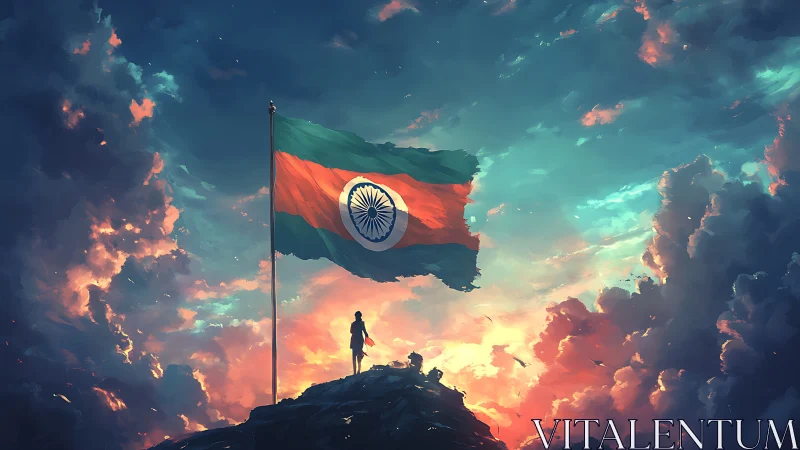 Indian flag soars above clouds in luminous digital sky.