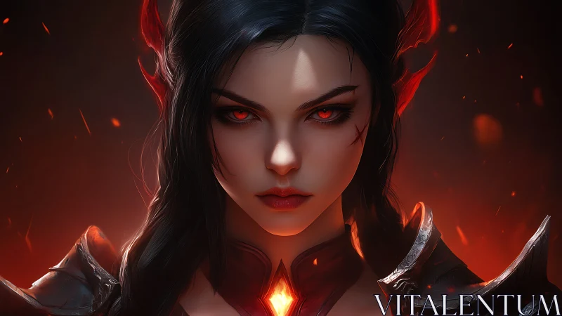 Digital portrait depicts armored woman with glowing red eyes
