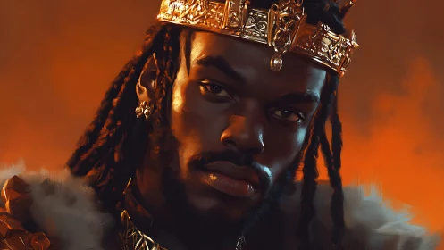 Portrait of a crowned man in fur-trimmed garment against orange field.