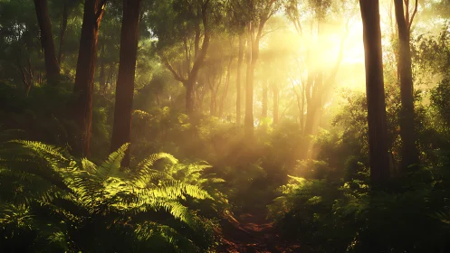 Sunlit forest path with tall trees and golden hour light