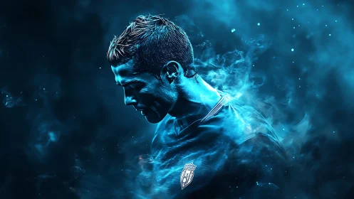 Blue-lit footballer portrait in swirling digital smoke