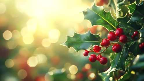 Holly berries catch warm backlight on glossy winter leaves