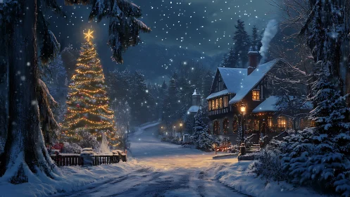 Snowfall crowns a village Christmas lane in warm lantern light