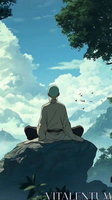Solitary monk meditating on cliff amid layered atmospheric mountains