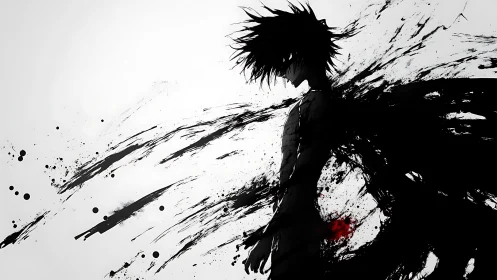 Ink-born shadow warrior dissolving into storm-black streaks.