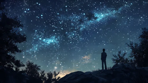 Silhouetted observer beneath dense stellar canopy at night.