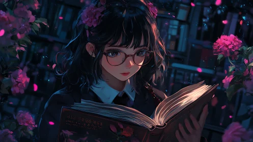 Nocturnal library reader with glowing tome and rose petals
