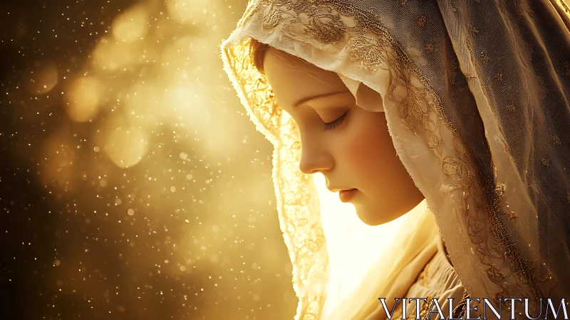 Veiled serenity leans into a drifting halo of golden dust