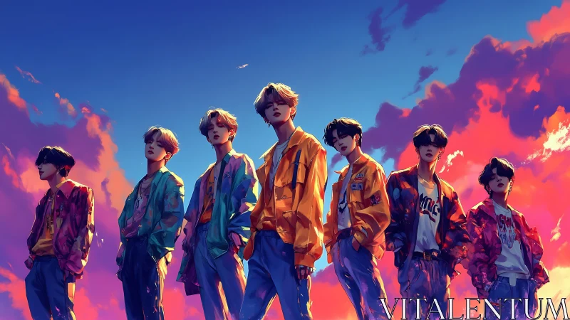 Neon-lit boy band stands united against a burning sunset sky