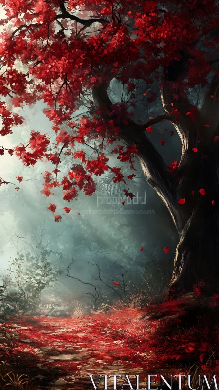 Crimson maple dominates misty forest path in soft morning light