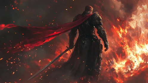 Armored warrior with sword stands against raging wildfire.