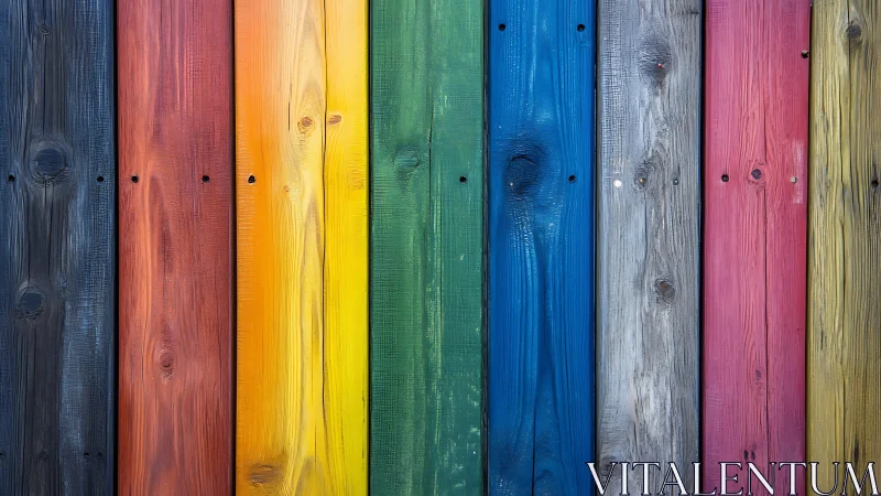 Rainbow timber parade with weathered knots and quiet charm.