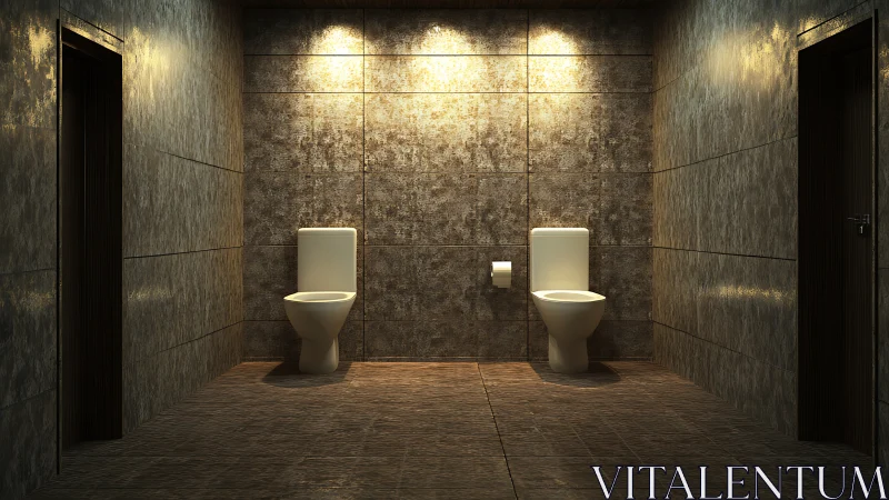 Cozy dual restrooms glowing under soft golden lights.