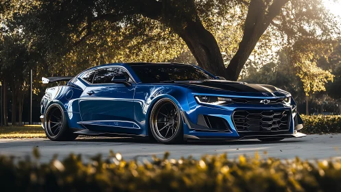 Blue Chevrolet sports coupe parked under shady trees.