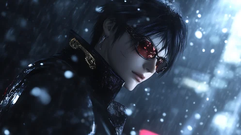 Cool anime character in red glasses in neon snow scene.