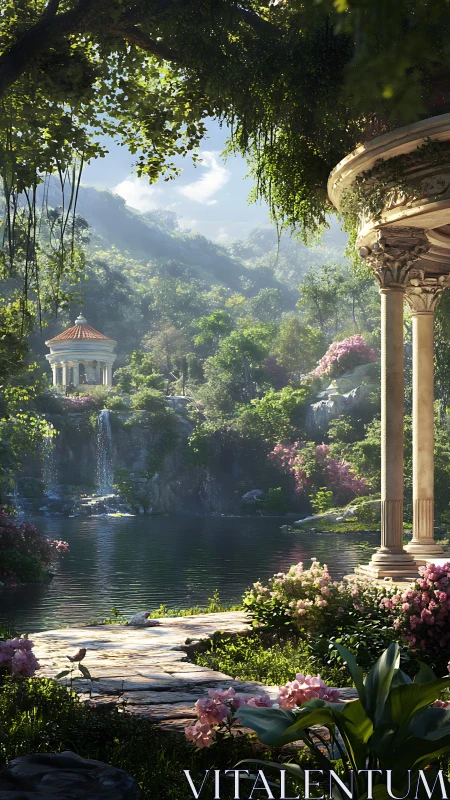 Sunlit neoclassical gazebos overlook a tranquil forest lake