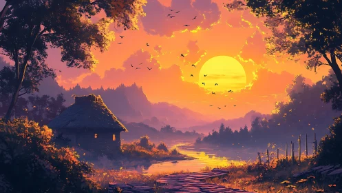 Sunset river landscape with cottage and distant mountains.