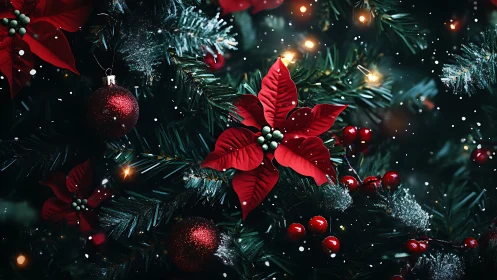 Red poinsettia and ornaments on illuminated fir branches.