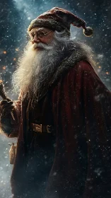 Bearded winter sage walks through snowlit forest night.