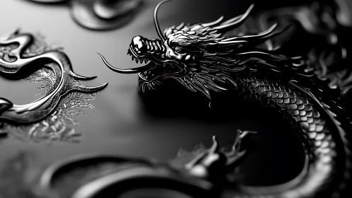 Midnight chrome dragon coils through liquid shadow and light.