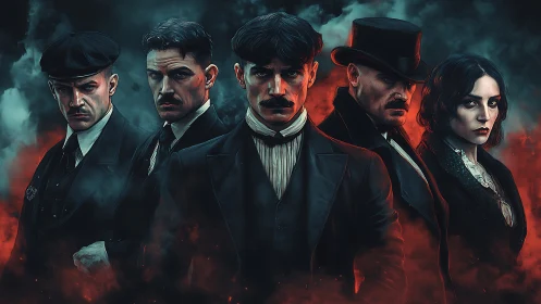 Gritty period gang portrait in dramatic colored smoke.