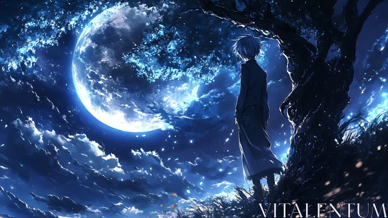 Midnight dreamer standing beneath a glowing blue moon.