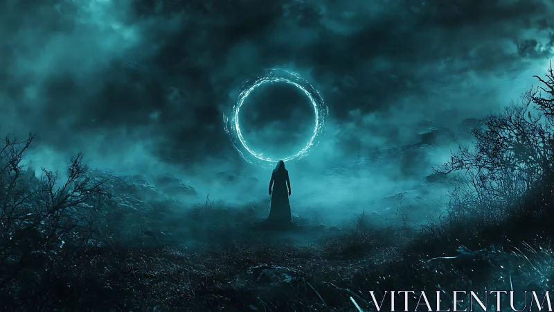 Hooded figure confronts glowing portal in stormy night landscape