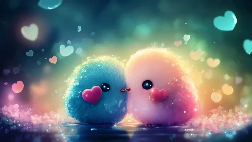 Two Fluffy Birds Share a Dreamy Moment of Love.