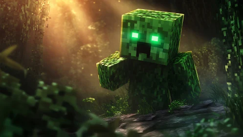 Glowing pixel creature advances through a sunlit forest