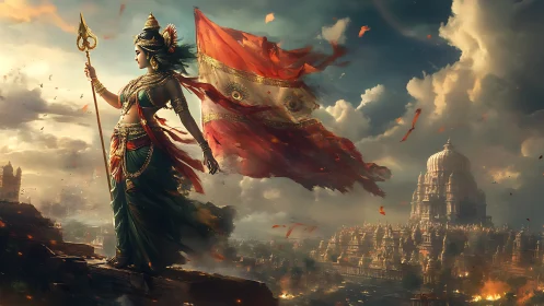 Warrior goddess overlooks ancient temple city at dawn